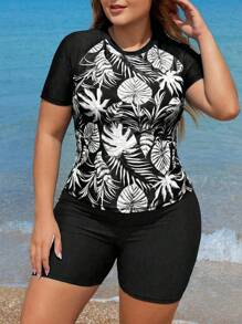 Swim Lushoire Plus Size Women's Random Print Raglan Sleeve Tankini Set For Summer Beach Vacation - Black and White - View 1