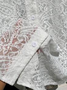 Comfortcana Áo cánh tay dài, cài một hàng khuy, cổ tay dài, thêu ren hạt điều cho nữ - trắng - Xem 5