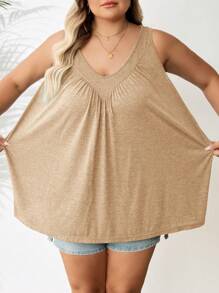 SHEIN CURVE+ 大码女式V领宽松背心，适合夏季/乡村/海滩度假 - 卡其色 - 查看 5