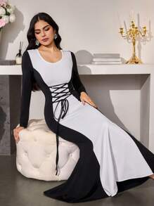 Modelyn Women's Elegant Contrast Color Criss-Cross Long Sleeve Midi Dress - Black and White - View 7