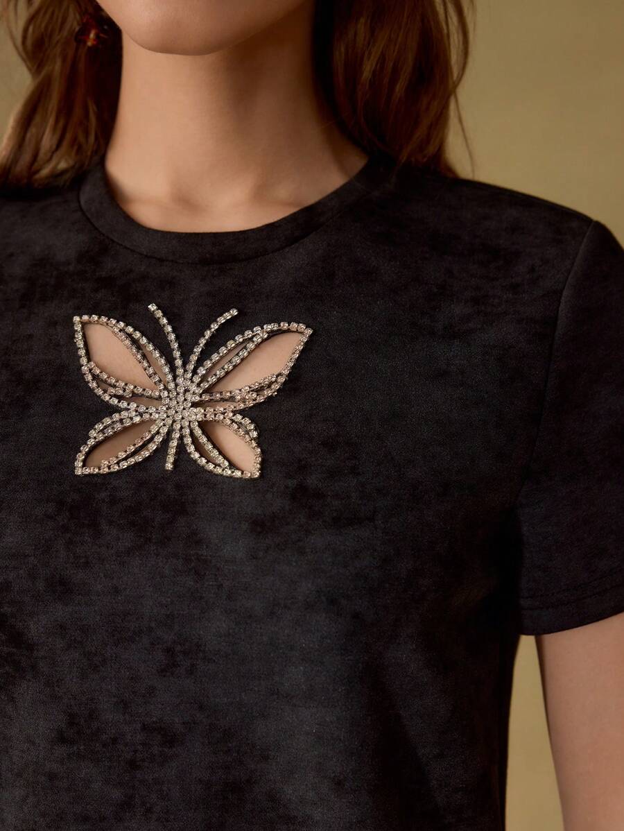 MOTF PREMIUM RHINESTONE CUT OUT BUTTERFLY T-SHIRT - Black - View 2