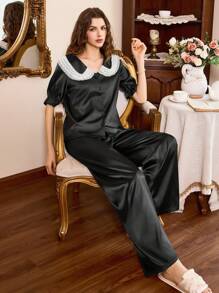 Côtesoire 2 Pieces Southern France Style Lace Patchwork Slouchy Summer Women Pajama Set Holiday Season - Black and White - View 4