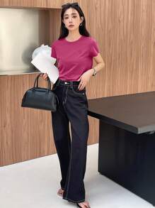 DAZY Camiseta casual y suelta de verano para mujer, de unicolor, con bordado de corazón y manga corta - Rosa Fucsia - Ver 5