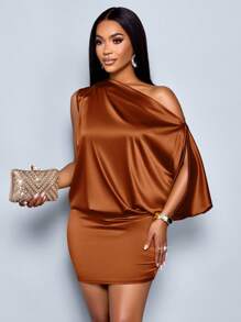 SOLERSUN 女士优雅不对称领缎面紧身迷你连衣裙 - 棕色 - 查看 1
