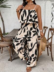 SHEIN VCAY Plus Size Women's Floral Print Ruffle Hem Wide Leg Jumpsuit