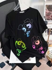 THE POWERPUFF GIRLS X SHEIN Áo thun tay ngắn cổ tròn họa tiết hoa, bong bóng, hoa mao lương cỡ lớn mùa hè - màu đen - Xem 1