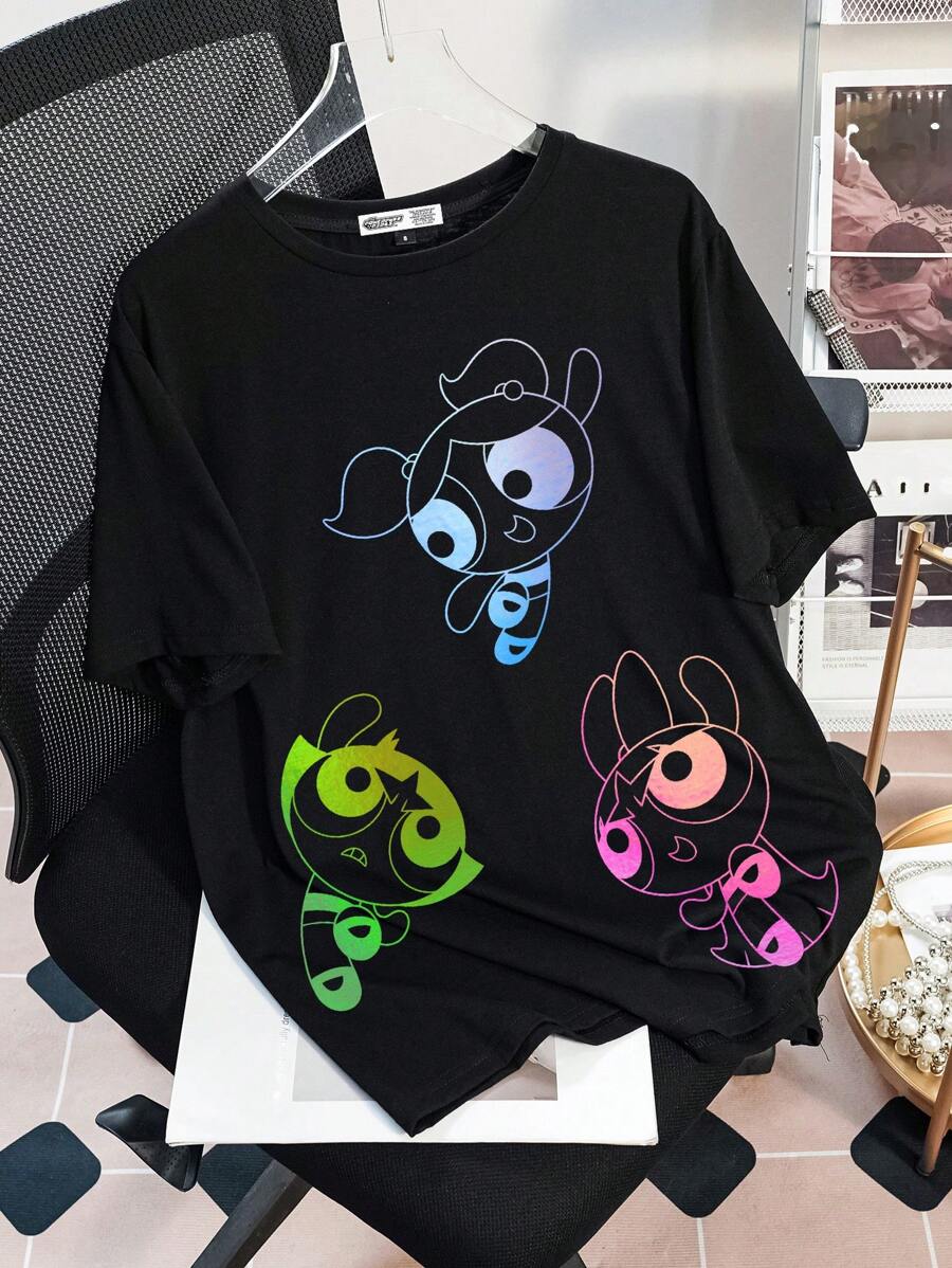 THE POWERPUFF GIRLS X SHEIN Áo thun tay ngắn cổ tròn họa tiết hoa, bong bóng, hoa mao lương cỡ lớn mùa hè - màu đen - Xem 1