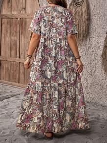 EMERY ROSE Vestido largo holgado casual con cuello en V y estampado de plantas para tallas grandes, look casual campestre para vacaciones, sencillo y de moda para uso diario, blusas de verano para mujer, conjuntos de verano para mujer