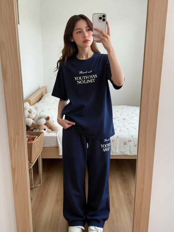 SHEIN 2pcs Tween Girl Navy Blue Simple Letter Print Crew Neck Short Sleeve Knit Loungewear Set Two Piece Pajama Set Kids Loungewear Set Girls Pajama Set