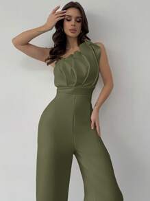 Firerie 情人节新款优雅简约通勤白色连体裤，3D结构褶皱设计，无袖收腰，修身版型 - 軍綠色 - 查看 7