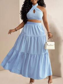 Slaydiva 2pcs Plus Size Women Vacation & Elegant Party Outfit: Blue And White Striped Sleeveless Halter Cropped Top With Tie Waist And Layered Skirt, 2025 Spring/Summer - Blue and White - View 3