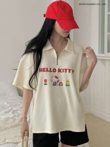 HELLO KITTY | DAZY 宽松简约拉链领卡通印花短袖T恤，女款可爱上衣，教师款 - 卡其色 - 查看 1