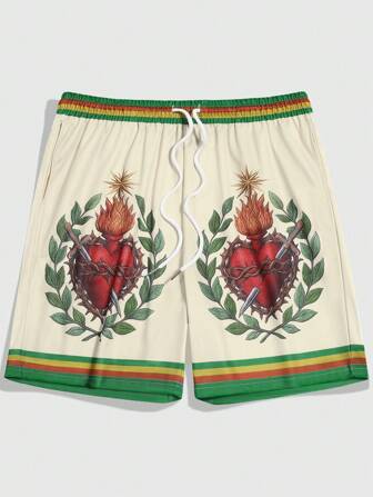 Pantalones cortos casuales y versátiles con estampado de plantas y rayas, cintura con cordón y bolsillos