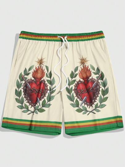 Shorts casual con pianta e stampa a righe, con tasche e coulisse in vita