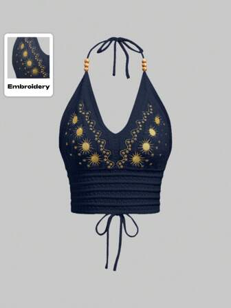 Hippie Große Größen Sommer Urlaub Sonne Stickerei Tank Top aus Strick