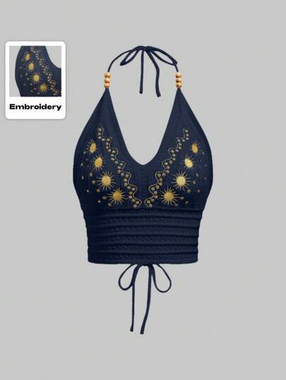 Hippie Parte superior de punto de halter con bordado de sol para vacaciones de talla grande