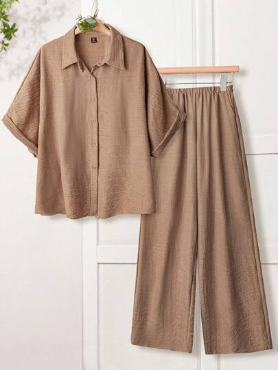 Rusticease Plus Size Retro Country Casual Bohemian Style Raglan Sleeve Shirt, Button Front Shirt And Loose Wide Leg Pants Khaki Two Pieces Suit Suitable For Spring And Summer Vacay Vibes Springbreak Casual Wear SS Bohemia Loose Fit