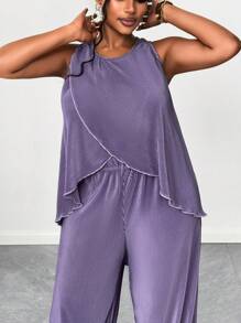 Maweii 2pcs Plus Size Solid Color Sleeveless Top And Full Length Pants Set, Fashionable For Summer - Purple - View 2