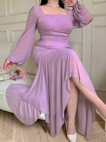 Modelyn Rochie elegantă cu tiv asimetric, culoare uni, mărime plus - Violet - Vizualizare 2