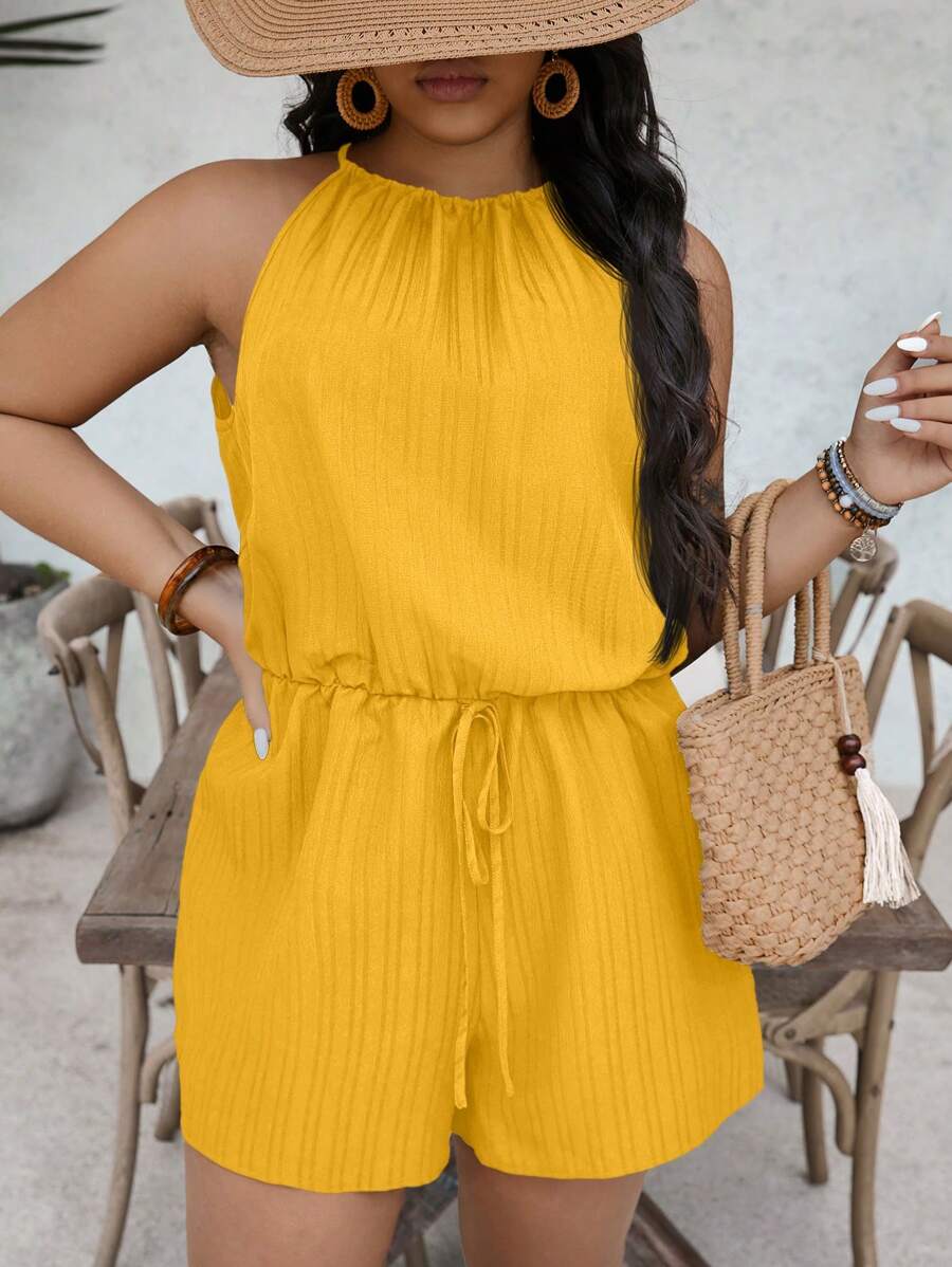 SHEIN VCAY Plus Size Women Solid Color Waist Tie Halter Jumpsuit Shorts, Vacation Style