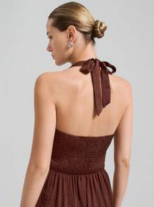 Ontre Vintage Style, Business Commute, Elegant Style, Faille Fabric, Brown Color, Halter Design, Twisted Front, Tie-Up Design, Women's Jumpsuit, Sleeveless, Spring/Summer Clothing, Everyday Wear, New Collection 2025 - Brown - View 7