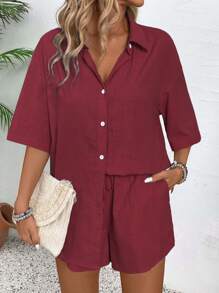 EMERY ROSE Damen 2 Stücke Set aus einfarbigem Knopfhemd und Shorts