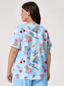 Plus Size Women Letter & Cartoon Print V-Neck Short Sleeve Pocket Nursing Scrubs Top - Blue - View 2