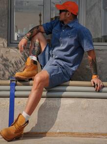 DAZY 夏季纯蓝色男士短袖单排扣衬衫和短裤套装 - 寶藍色 - 查看 1