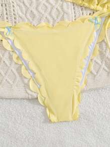 Swim Vcay 2 件套春季新款纯色贝壳边裹身式分体泳衣，可爱伪比基尼套装