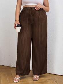 SHEIN Tall CURVE 夏季休闲纹理阔腿七分裤 - 咖啡棕 - 查看 5