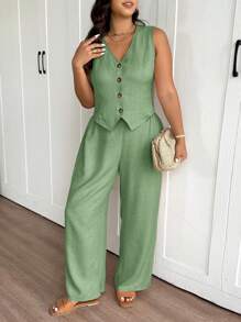 SHEIN Frenchy 2件套加大码纯色无袖V领背心和长裤套装 - 薄荷綠 - 查看 3