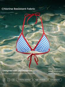 GLOWMODE Glow Up Quick Dry Chlorine Resistant Removable Cups Colorblock Trim Halter Gingham Triangle Bikini Top Swimming Beach Pool Vacation Resort Travel Summer Wear