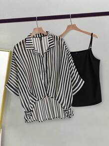 Calvaya Conjunto de 2 piezas: Camisa a rayas con cubierta de manga 7/10, diseño de bajo asimétrico y camiseta sin mangas - Blanco y Negro - Ver 1