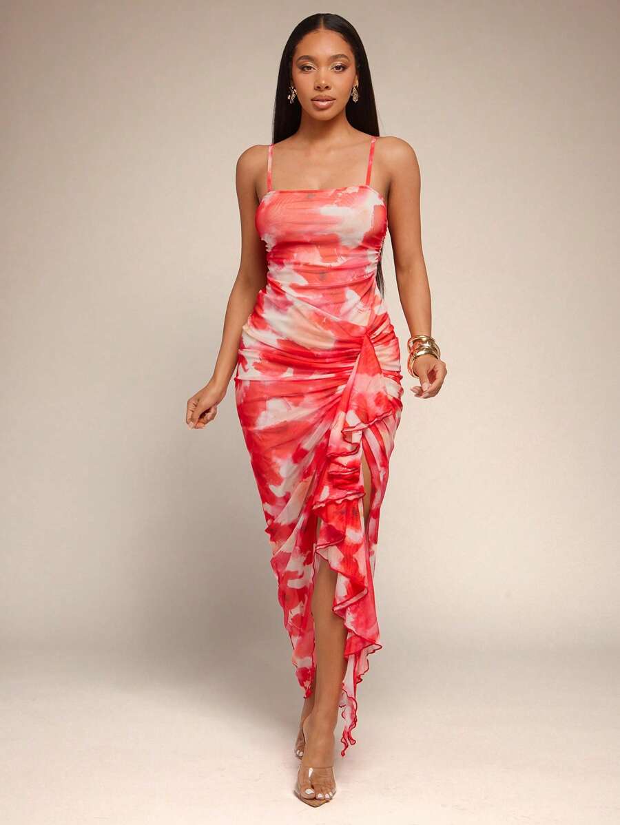 Vixey Large Floral Print Mesh Ruffle Detail Ruched Midi Dress, Wedding Guest Dress Women, Tea Party Dress