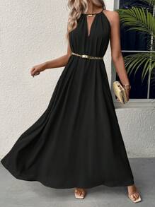 SHEIN Tall Long A-Line V-Neck Metal Decor Backless Tie Beach Casual Elegant Women Dress