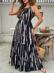 SHEIN VCAY Plus Size Women Black Tie Dye Long Dress,Backless Waist Tied A-Line Hem Summer Boho Flowy Sundress,Vacation Holiday Music Festival Beach Outfits - Black - View 5