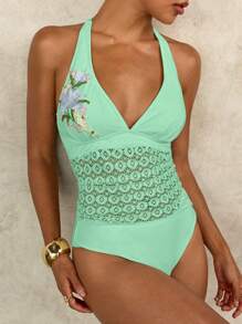 SHEIN Swim Áo bikini ren khoét rỗng thêu hoa màu xanh bạc hà và xanh lam thanh lịch dành cho nữ, phù hợp cho mùa xuân, mùa hè, hàng ngày, kỳ nghỉ bãi biển - Màu xanh Bạc hà - Xem 4