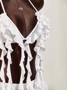 Amplova Ruffle Trim Strap Decor Triangle Bra & Ruched Maxi Skirt 2 Pieces Set - White - View 6