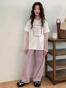 DAZY 2pcs/Set Tween Girl Crew Neck Printed Short Sleeve T-Shirt + Long Pants Set, Spring/Summer,Back To School Clothes - White - View 4