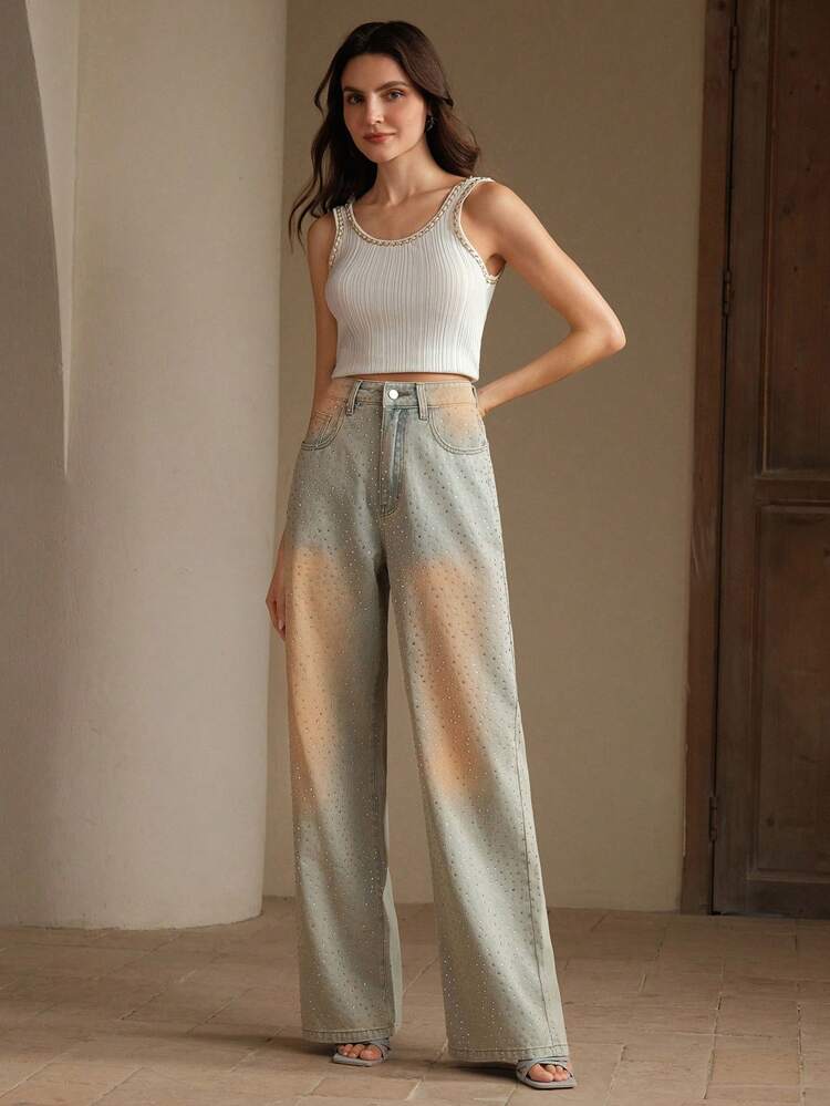 Casual Indie Style Women's Heavy Wash Floor-Length Denim Pants, Rhinestone Jeans