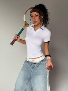 SHEIN Dewbera Camisa polo de mujer casual con mangas cortas y ribete contrastante, ideal para el verano - Blanco - Ver 4