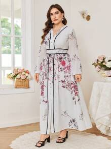 Modelyn Women Plus Size Floral Print V-Neck Lantern Sleeve Elegant Dress - Multicolor - View 5