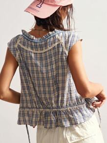 Bohemela 波西米亚风复古花卉蕾丝拼布双色格子修身女式衬衫 - 藍色 - 查看 2