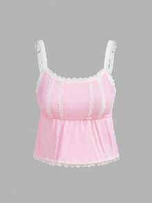 Top camiseta escotada con volantes de encaje floral de satén rosa y dulce para niñas jóvenes - Rosa - Ver 1