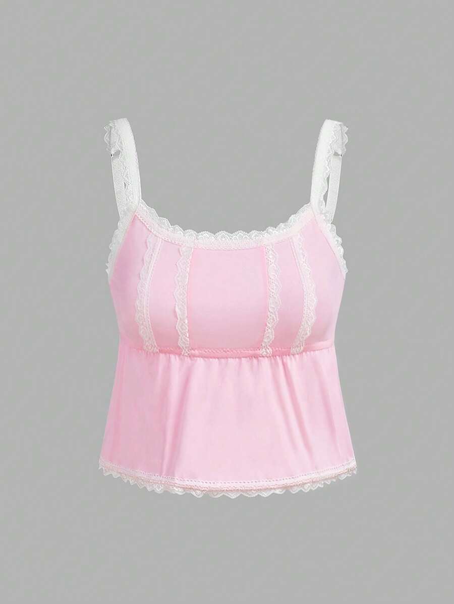 Top camiseta escotada con volantes de encaje floral de satén rosa y dulce para niñas jóvenes - Rosa - Ver 1