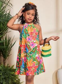 SHEIN Tween-Mädchen Sommerkleid mit Neckholder und Schmetterlingsdekor mit tropischem Blattdruck