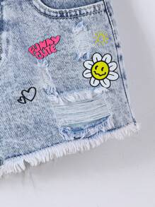 Denim Look Young Girls Casual Urban Style Light Wash Printed Ripped Elastic Waist Button Front Shorts - Light Wash - View 5