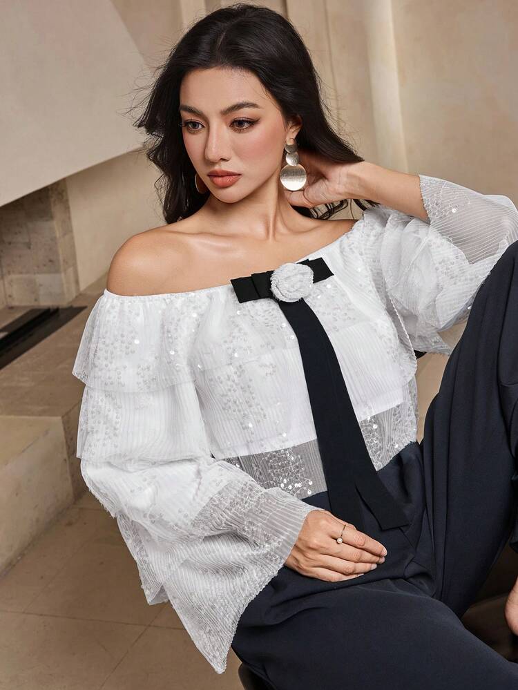 Women's Sequin Decorated Layered Bell Sleeve Rose & Bow Color Block Off Shoulder Sexy Casual Party T-Shirt, Lovely Summer Top For Festivals Fall,Winter Glitter Top