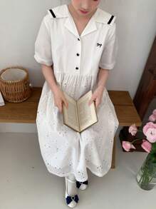 DAZY 女童马球领蝴蝶结刺绣短袖连衣裙，夏季，返校服 - 白色 - 查看 6
