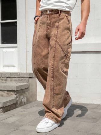 Manfinity Roughcore Herren einfache Taschen Jeans Lässig Mode